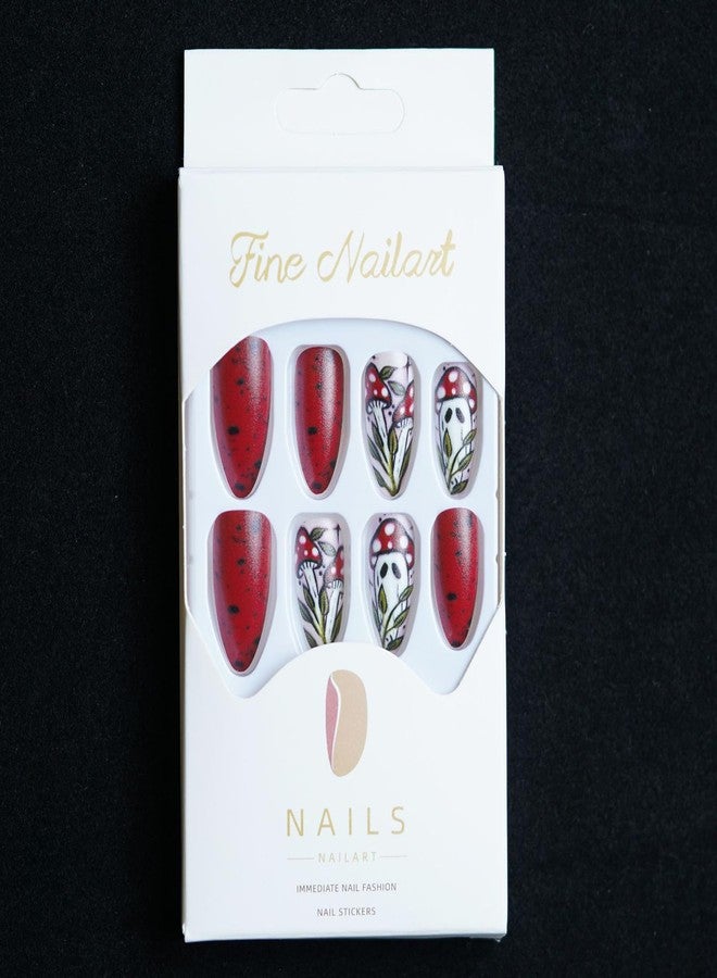 GRITOSE 24Pcs Halloween Press on Nails Almond Long Fake Nails Matte Full Cover False Nails with Mushroom Ghost Designs Artificial Acrylic Nails Press ons Cute Halloween Stick on Nail for Women - Image 5